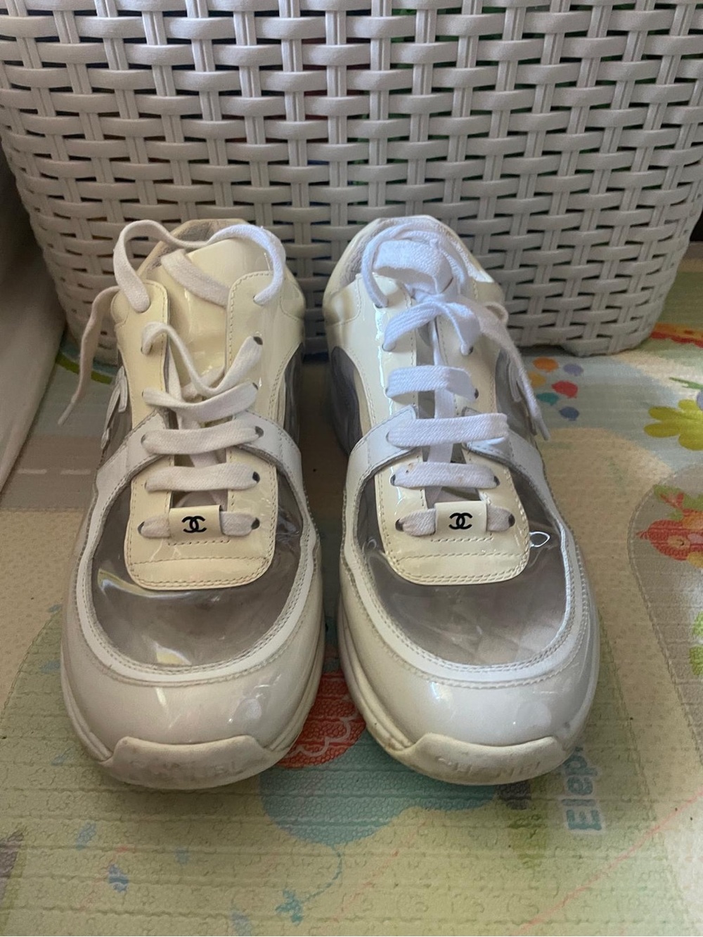 CHANEL White and Clear Kids Lace-Up Sneakers